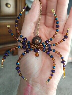 Handmade Iridescent Purple, Blue & Amber Beaded Spider Pendant